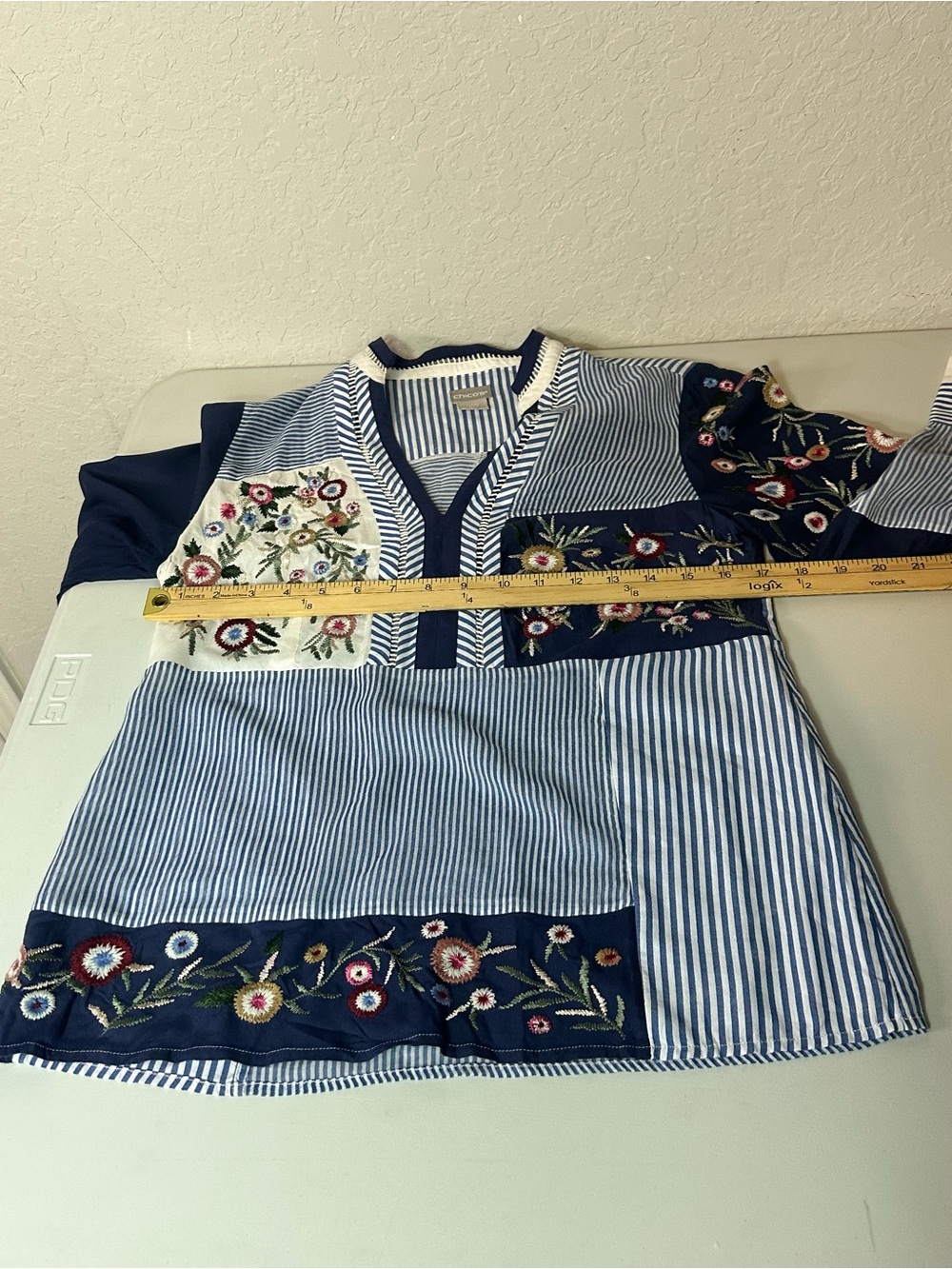 Chico’s Embroidered Floral Striped Patchwork Boho Peasant Blouse Size 2P - Picture 7 of 11